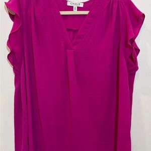 Chaus Magenta V-Neck Blouse with Ruffle Sleeves